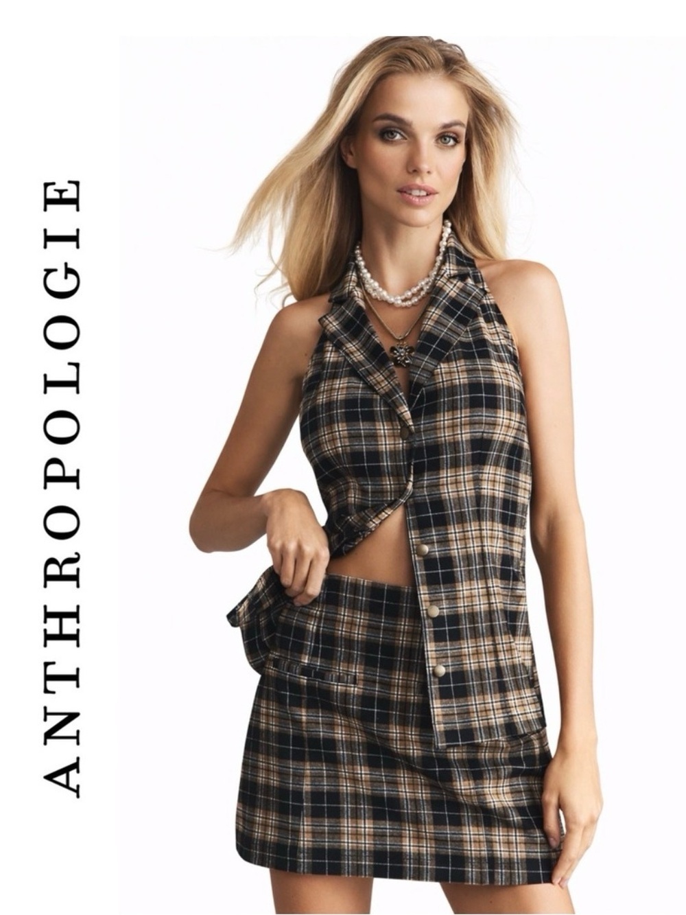 Anthropologie Pilcro Coquette Academia Plaid Halter Backless Top NWT Small